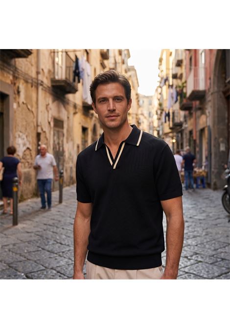 Paolo Pecora Men's V-Neck Knit Polo - Navy Blue & Cream PAOLO PECORA |  | A017 F1009000